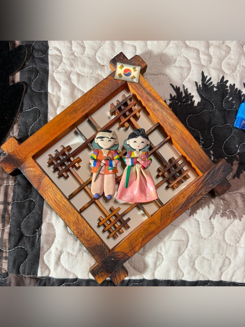 Vintage Korean Bride & Groom Folk Art Wooden Wall Plaque